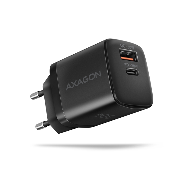 Fotografie AXAGON ACU-PQ30 Sil 30W 2x port (USB-A + USB-C), PD3.0/PPS/QC4+/AFC/ Apple,černý