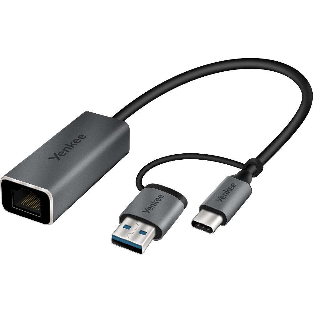 Fotografie YENKEE YTC 013 USB C 3.1 a USB A 3.0 na RJ-45 Ethernet 1 000 Mb/s, 15cm ,ALU