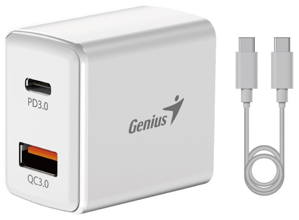 Fotografie GENIUS set PD-20ACP, 20W, rychlé nabíjení, USB-C PD3.0, USB-A QC3.0, 1m kabel USB-C